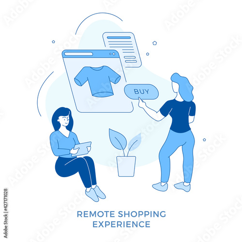Linear flat Remote shopping experience. Female cartoon characters using mobile app for searching and purchasing clothing. Online store. Buying remotely from home