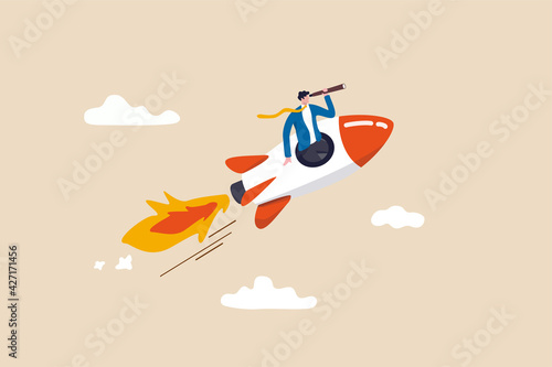 Entrepreneurship, startup vision or empowerment, leadership to see future vision and start business concept, smart confidence businessman manager open rocket window using telescope looking forward.