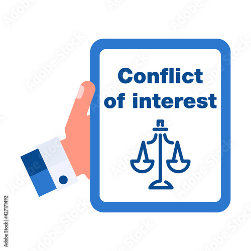 Official, businessman points to a legal document. Conflict of interest concept. Vector flat illustration isolated on white background.