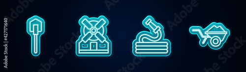 Set line Shovel, Windmill, Garden hose and Wheelbarrow with dirt. Glowing neon icon. Vector