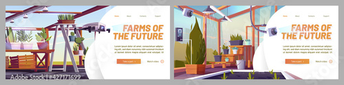 Farms of future websites. Concept of smart farming, cultivation technologies and innovations. Vector banners with cartoon illustration of glass greenhouse with plants, irrigation and monitoring system