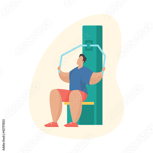 Man working out at outdoor gym. Outdoor sport equipment. Male cartoon character doing exercises using pull down machine. Flat vector illustration