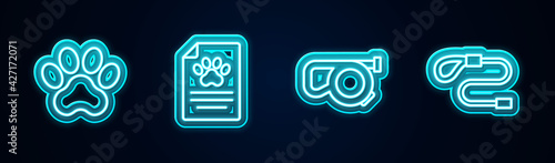Set line Paw print, Clinical record pet, Retractable leash and . Glowing neon icon. Vector
