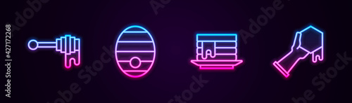 Set line Honey dipper stick with honey, Hive for bees, Stack of pancakes and Honeycomb and hand. Glowing neon icon. Vector