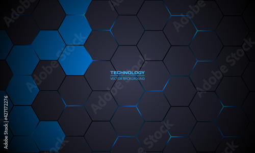 Dark gray hexagonal technology abstract vector background. Blue bright energy flashes under hexagon in futuristic modern technology background vector illustration. Dark gray honeycomb texture grid.