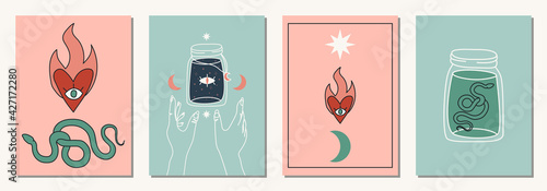 Set of hand drawn abstract elements in modern, trendy colors, taro cards and boho concept, minimalism art.