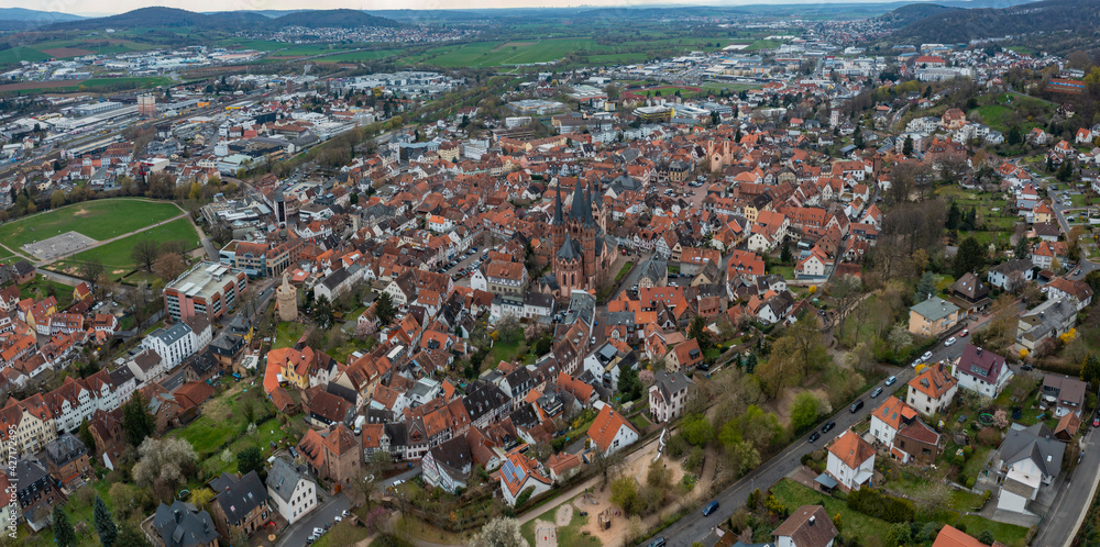 Aerial view of the old town of Gelnhausen in Germany, Hesse on an early spring day.