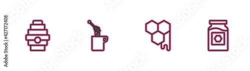 Set line Hive for bees, Honeycomb, dipper stick with honey and Jar of icon. Vector