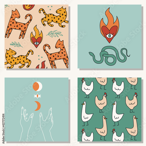 Set of hand drawn abstract elements in modern, trendy colors, taro cards and boho concept, minimalism art.