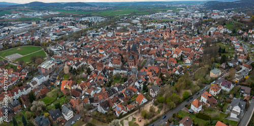 Aerial view of the old town of Gelnhausen in Germany  Hesse on an early spring day.
