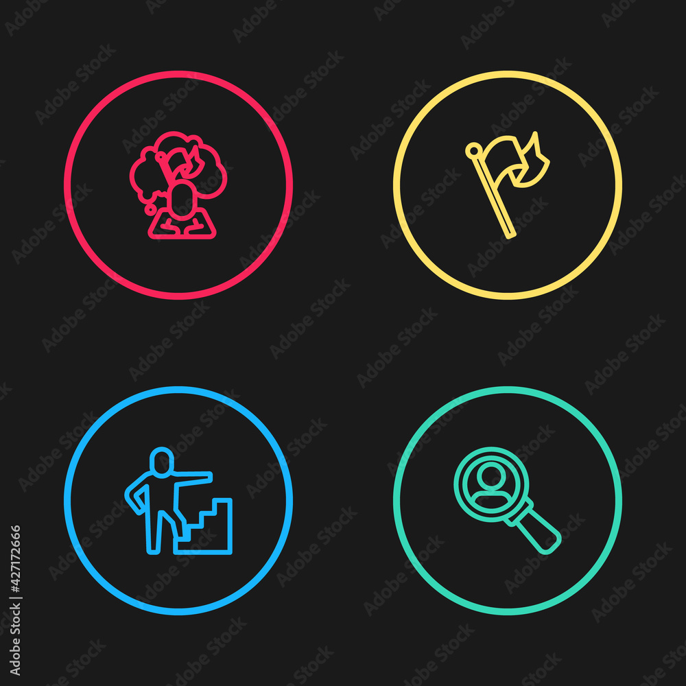 Set line Stair with finish flag, Magnifying glass for search, Flag and Man holding icon. Vector Set line Stair with finish flag, Magnifying glass for search, Flag and Man holding icon. Vector