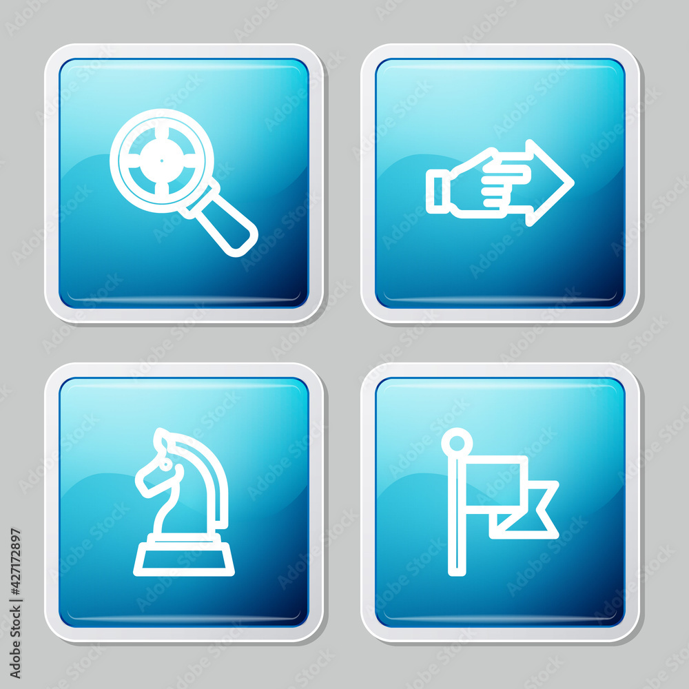 Set line Target with magnifying glass, Hand pointing finger, Chess and Flag icon. Vector Set line Target with magnifying glass, Hand pointing finger, Chess and Flag icon. Vector