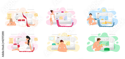 Set of illustrations on topic of tailoring to order with sewing machine. People rest in atelier