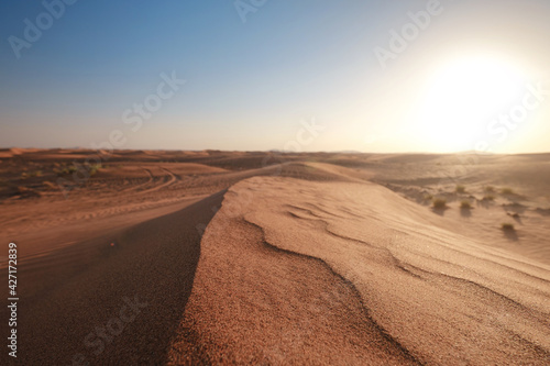 Sunset over the sand dunes in the desert.