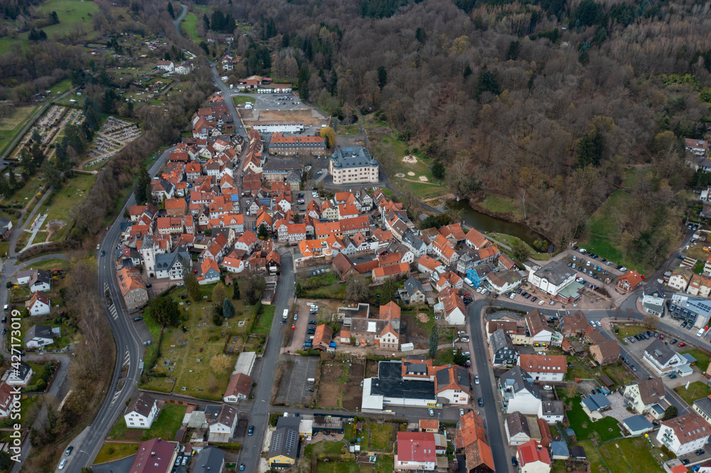 Aerial view of the city Wächtersbach in Germany, Hesse on a sunny early spring day