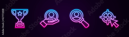 Set line Award cup, Hand for search people, Magnifying glass and Target. Glowing neon icon. Vector