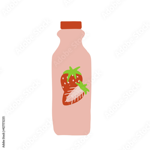 Hand drawn vector illustration of strawberry kefir in plastic pink bottle. Isolated on white background.