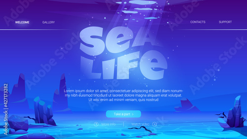 Sea life cartoon landing page with ocean underwater background. Empty sandy bottom with rocks and air bubbles floating at sunlight beam falling from above. Marine undersea area vector web banner
