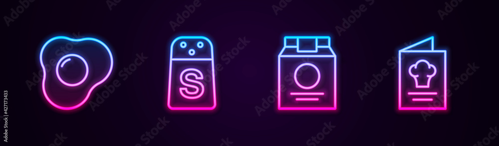 Set line Scrambled eggs, Salt, Online ordering and delivery and Cookbook. Glowing neon icon. Vector Set line Scrambled eggs, Salt, Online ordering and delivery and Cookbook. Glowing neon icon. Vector