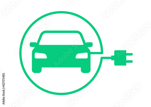 Electric car with plug icon symbol, EV car, Green hybrid vehicles charging point logotype, Eco friendly vehicle concept, Vector illustration
