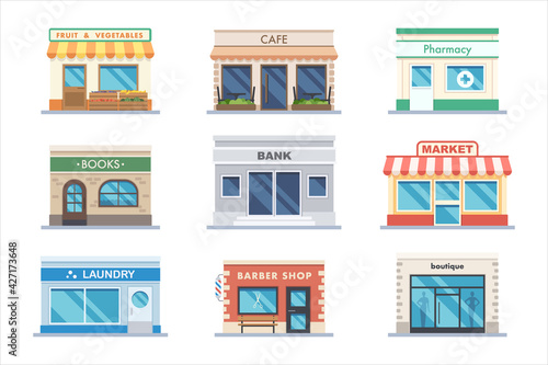 Store facade shop and bank building exterior set