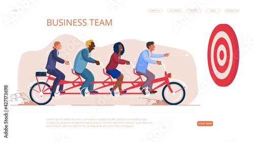 Business team on tandem bike cooperation start now button