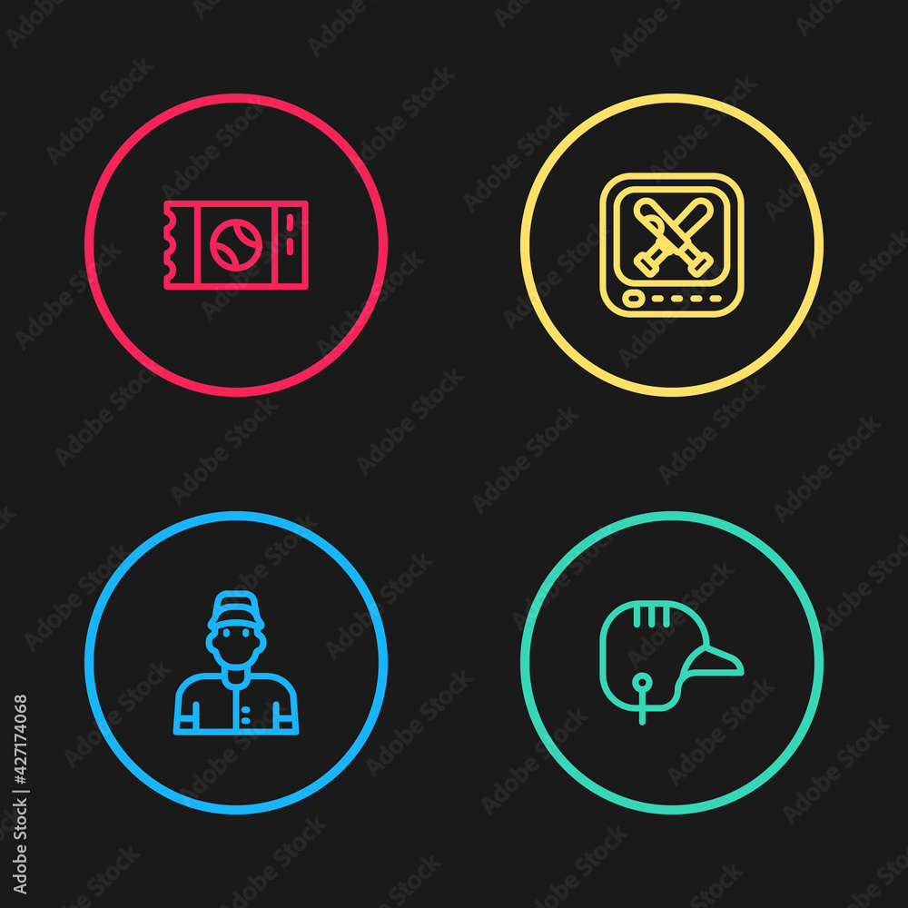 Set line Baseball player, helmet, Monitor with baseball game and ticket icon. Vector Set line Baseball player, helmet, Monitor with baseball game and ticket icon. Vector