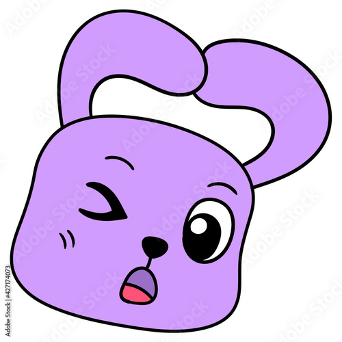 cute purple bunny head winked coquettishly. doodle icon drawing