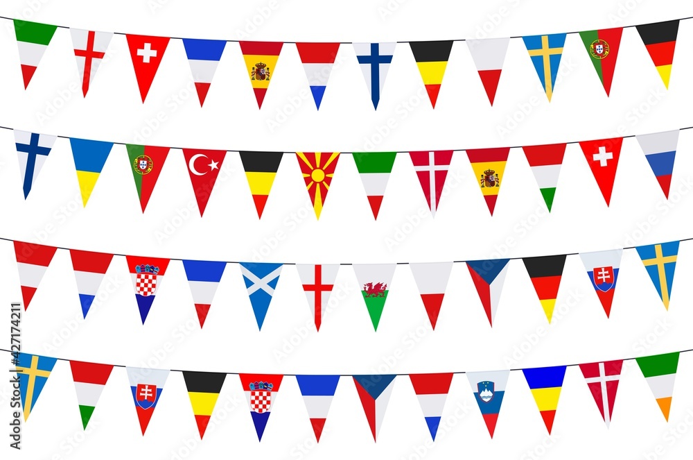 Bannières de guirlandes avec fanions de différents pays européens sur fond blanc 