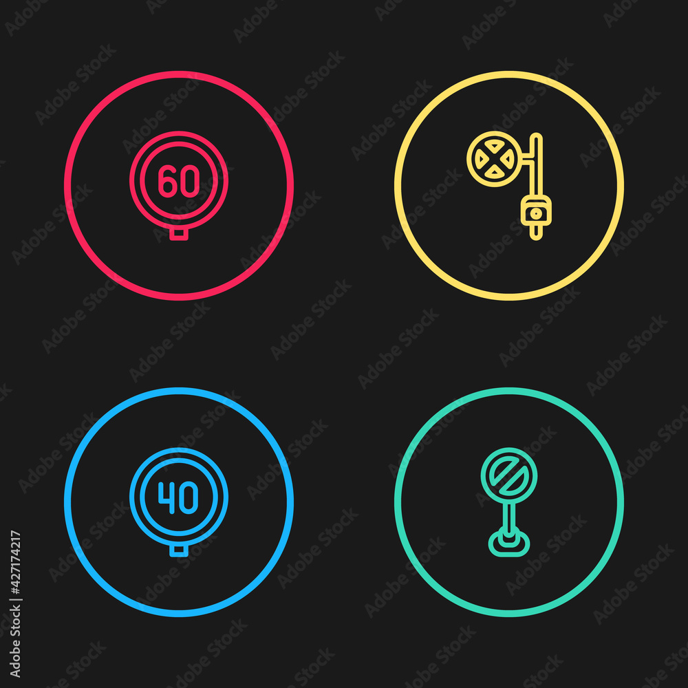 Set line Speed limit traffic, Stop sign, with camera and icon. Vector