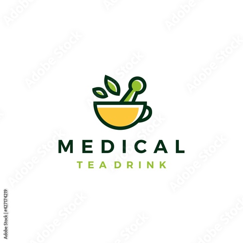 medical tea leaf mortar pestle cup drink herb herbal logo vector icon illustration