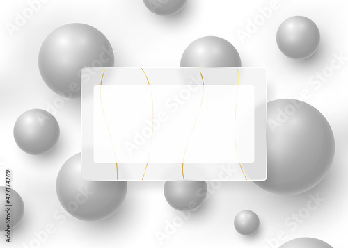 Abstract background with a glass matte frame with golden lines against the background of dynamic silver spheres. Vector illustration.