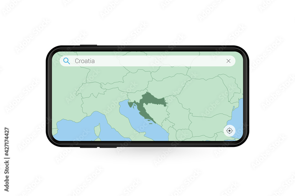 Searching map of Croatia in Smartphone map application. Map of Croatia in Cell Phone. Searching map of Croatia in Smartphone map application. Map of Croatia in Cell Phone.