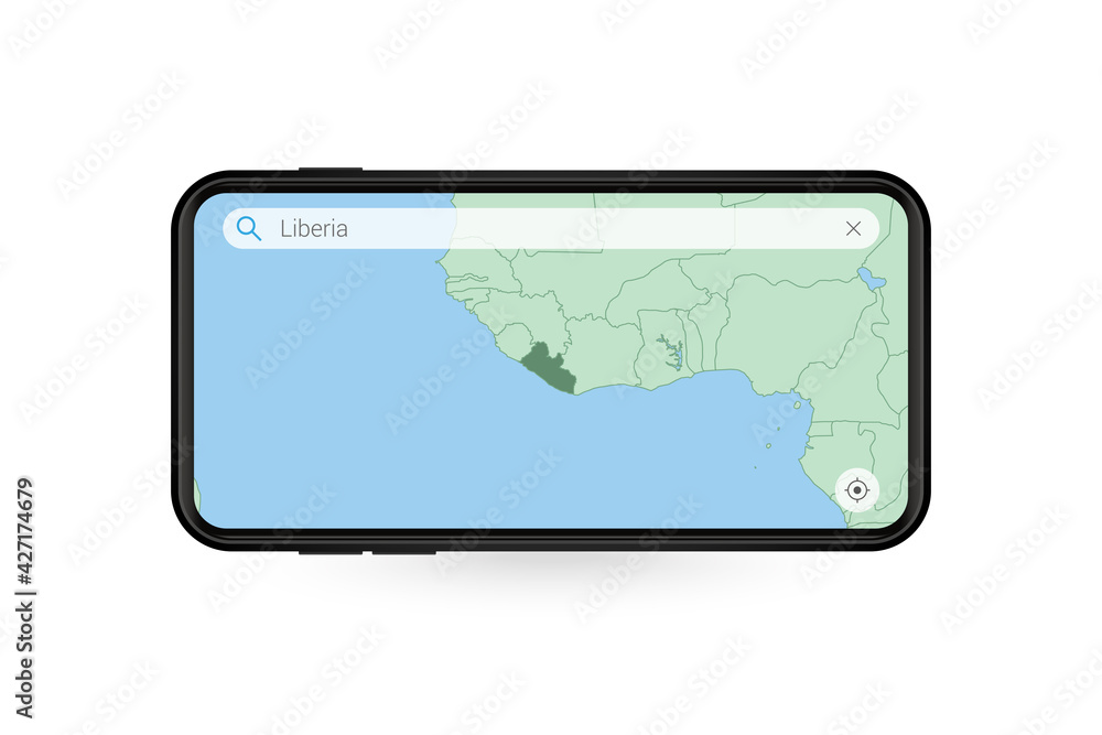 Searching map of Liberia in Smartphone map application. Map of Liberia in Cell Phone. Searching map of Liberia in Smartphone map application. Map of Liberia in Cell Phone.