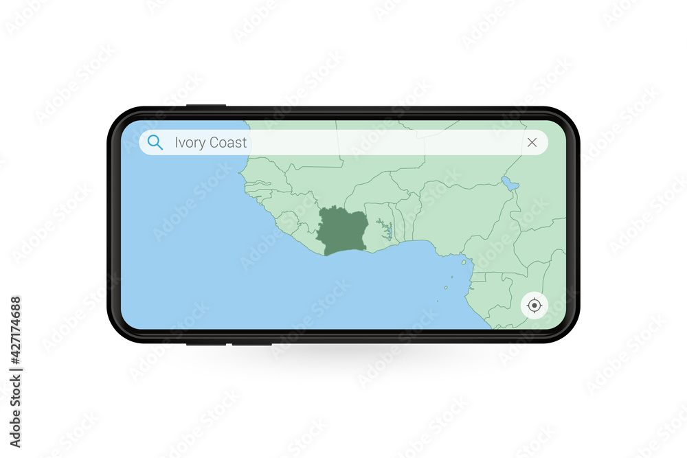 Searching map of Ivory Coast in Smartphone map application. Map of Ivory Coast in Cell Phone. Searching map of Ivory Coast in Smartphone map application. Map of Ivory Coast in Cell Phone.
