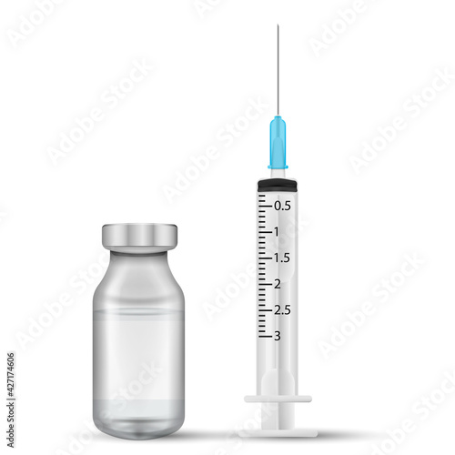 Realistic syringe and vaccine vial. Vector illustration.