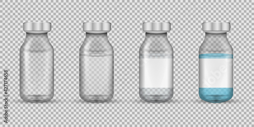 Set of transparent glass medical vials. Vector illustration.