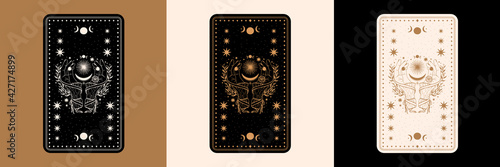Mystical tarot desk card.Occult esoteric vintage tarot card.Witch fortune telling template theme.