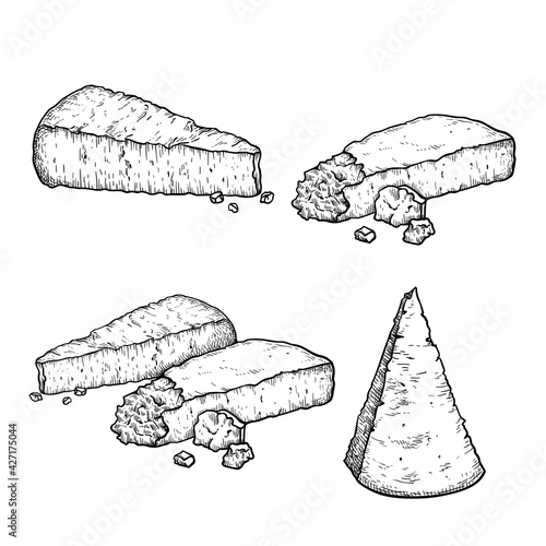 Hand drawn sketch style parmesan cheese set. Traditional Italian hard cheese Parmegiano. Single, in group, whole and top view. Vector illustrations isolated on white background.