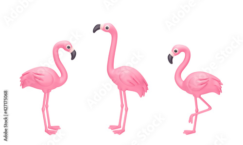 Set of cartoon pink flamingo isolated on white. Clipping path included