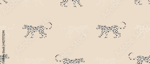 Hand drawn bright abstract pattern with leopards. Contemporary seamless pattern. Fashionable template for design.