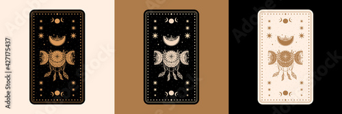 Mystical tarot desk card.Occult esoteric vintage tarot card.Witch fortune telling template theme.