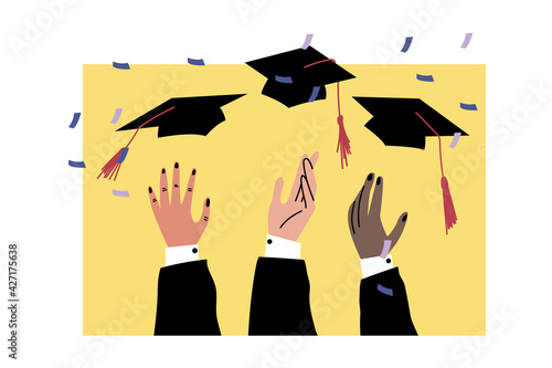 Various hands of students toss up hats with tassels. Graduation at the university.Vector illustration drawn by hand on a white isolated background. A design element for a poster, banner, or postcard.