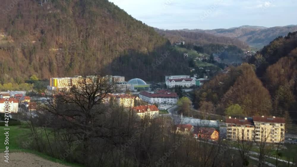 Revealing Laško Spa Town in Styria traditional region, Slovenia, Aerial Revealing Laško Spa Town in Styria traditional region, Slovenia, Aerial