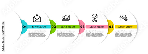 Set line Envelope with dollar symbol, Stacks paper money cash, Scissors cutting credit card and Car leasing percent. Business infographic template. Vector