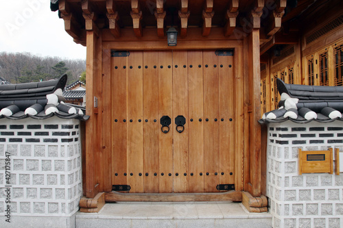 The gate of a hanok with a handle. in Seoul, South Korea. Feb. 9, 2021