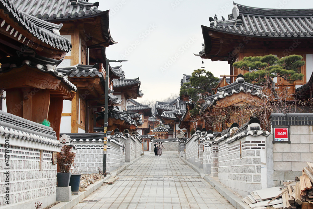 Fototapeta premium Eunpyeong Hanok Village, in Seoul, South Korea, Feb. 9, 2021