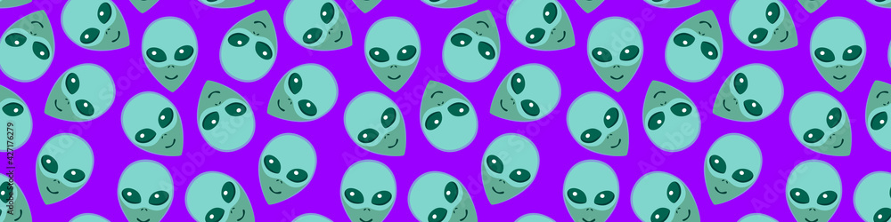 Seamless pattern with Aliens green heads. UFO, Humanoids endless backdrop isolated. Smiling visitors, Martians. Vector illustration, wallpaper on theme of space, conspiracy theory, Sci-fi, fantastic Seamless pattern with Aliens green heads. UFO, Humanoids endless backdrop isolated. Smiling visitors, Martians. Vector illustration, wallpaper on theme of space, conspiracy theory, Sci-fi, fantastic