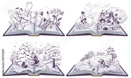 Fairy tale set open book illustration. Wolf and fox, old man and bear