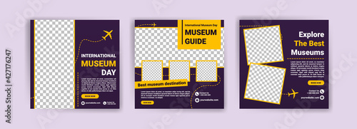 International Museum Day. travel sale social media post template. Banner vector for social media ads, web ads, business messages, discount flyers and big sale banners.